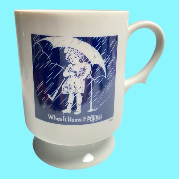 Vtg Set Of 4 Morton Salt Girl Pedestal Coffee Mug Cups When it Rains It Pours - Picture 2 of 15